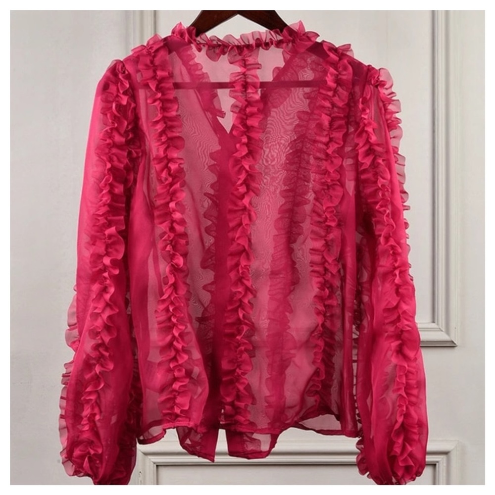Sheer Fuchsia Ruffle Top The Brynne - Picture 6 of 8